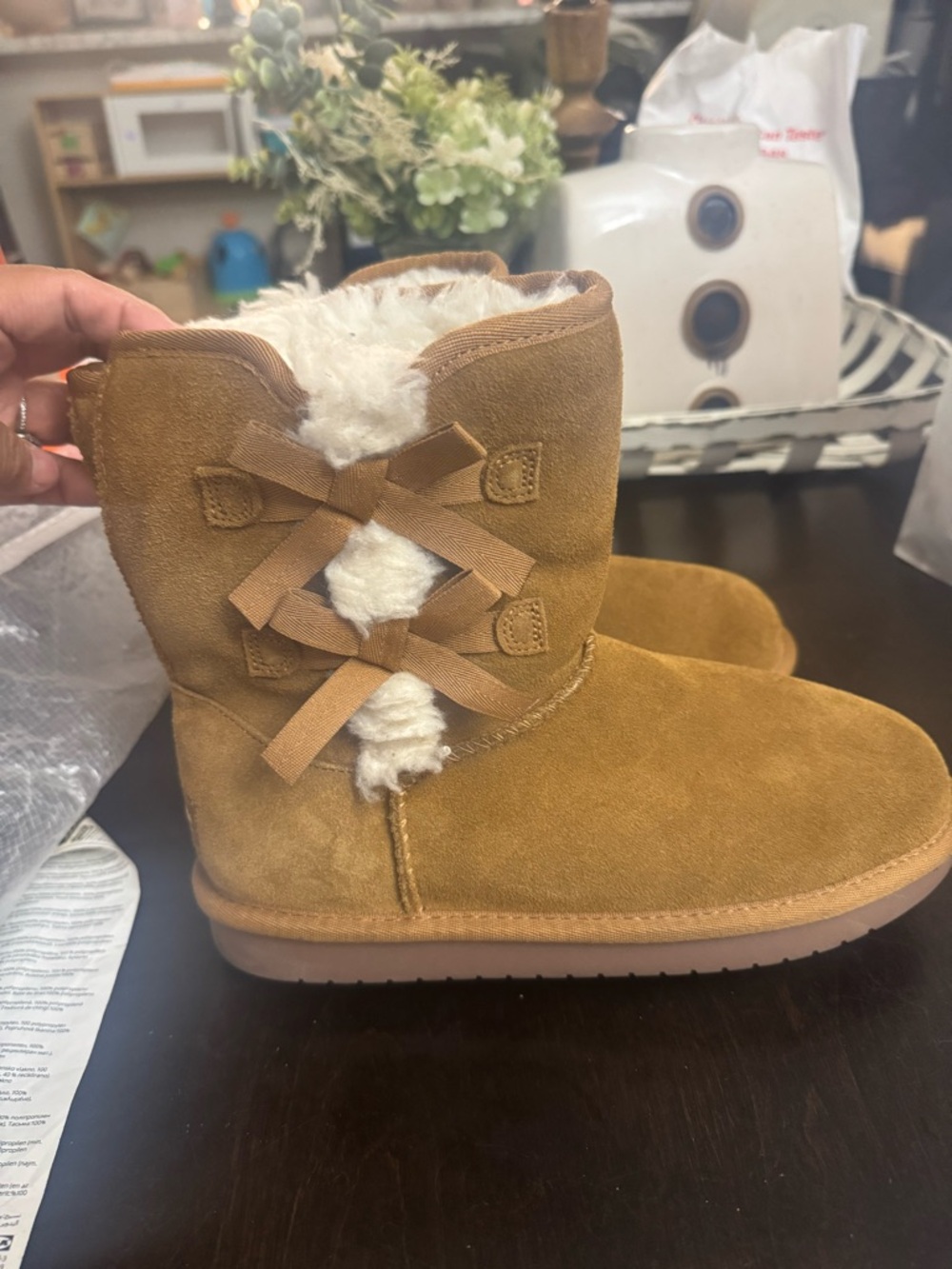 Koolaburra Chestnut Suede Shearling Boots with Side Bows